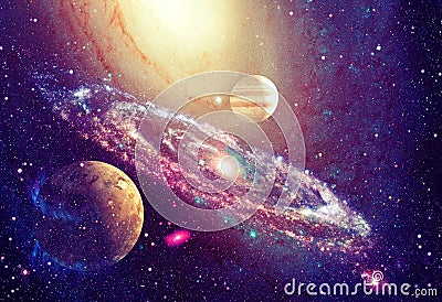 Spiral galaxy and planet in outer space Stock Photo