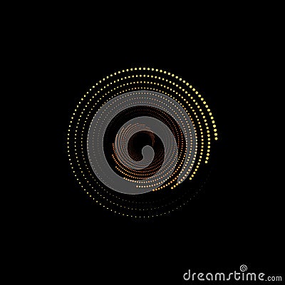 Spiral halftone background logo design, round dots texture geometric Op Art dotted circles. Trendy Gold vortex element isolated Vector Illustration