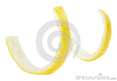 Spiral of lemon skin - Citrus twist peel isolated on white background. Lemon zest Stock Photo