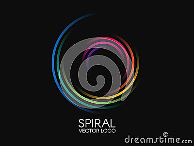 Spiral logo. Round logotype design. Color swirl on black background. Dynamic shape concept. Abstract colorful element Vector Illustration