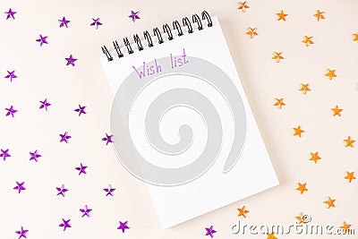 Spiral notebook lies on light background. Stock Photo