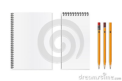 Spiral Notebook Templates With Pencil Icons - Vector Mock Up Illustrations With Copy Space Isolated On White Background Vector Illustration