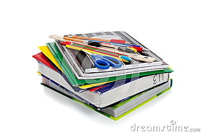 Spiral notebooks with school supplies on top Stock Photo