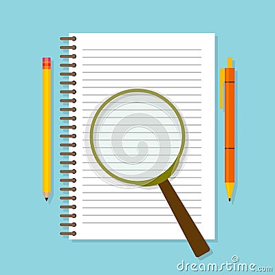 Spiral opened notepad with loupe, pencil and pen. Top view Vector Illustration