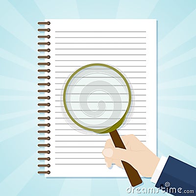 Spiral opened notepad with loupe. Top view Vector Illustration