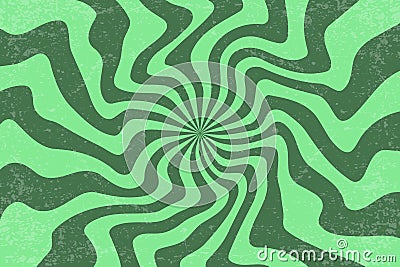 Spiral retro background with psychedelic swirl pattern. Vector groovy sun rays with vintage texture. Abstract twirl 70s Vector Illustration