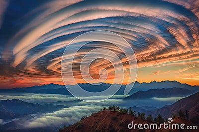 spiral-shaped clouds swirling over a mountain range Stock Photo