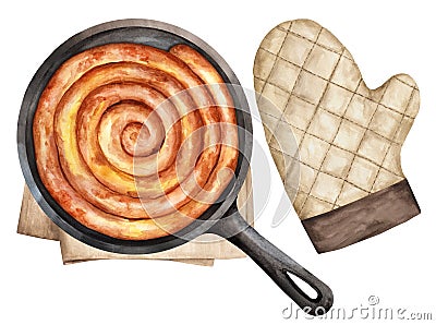 Spiral-shaped filo pie in the iron pan watercolor Cartoon Illustration
