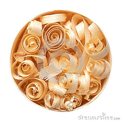 Spiral shaped wood shavings, wooden spirals, in a round chipwood box Stock Photo
