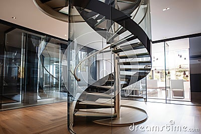 a spiral staircase with a mirrored railing, leading to the next level Stock Photo