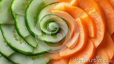 Spiraled Cucumber and Carrot Slices Arranged in a Circular Pattern Stock Photo