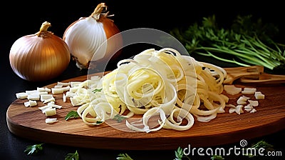 Spiraling Onion Slices: A Graceful And Luminous Pasta Preparation Stock Photo