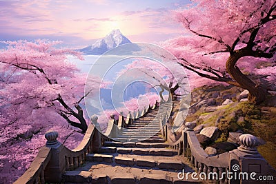 Spiraling Spring winding stairs mountains. Generate AI Stock Photo