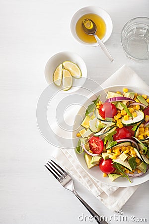 Spiralized courgette salad with sweetcorn tomato avocado, health Stock Photo
