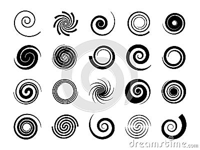 Spirals. Twisted swirl, circle twirl and circular wave elements, psychedelic hypnosis symbols, black geometric digital Vector Illustration