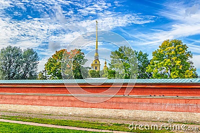 Spire bell tower Peter and Paul Cathedral fortress wall St.-P Stock Photo