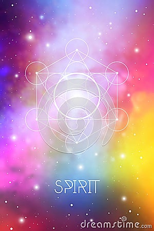 Spirit element symbol inside Metatron Cube and Flower of Life in front of outer space cosmic background. Aether sacred geometry Stock Photo