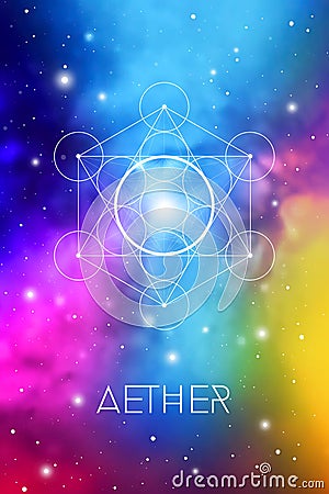 Spirit element symbol inside Metatron Cube and Flower of Life in front of outer space cosmic background. Aether sacred geometry Stock Photo