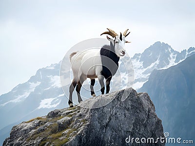 The Spirit of the Peaks: Majestic Goat Amidst Mountainous Terrain Stock Photo