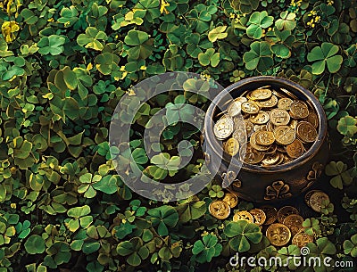 the spirit of St. Patrick& x27;s Day with a captivating banner showcasing a pot of gold coins amidst vibrant clover Stock Photo