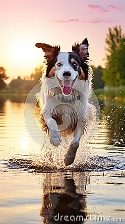 spirited dog running in the natural water surroundings, embodying sheer canine joy Stock Photo