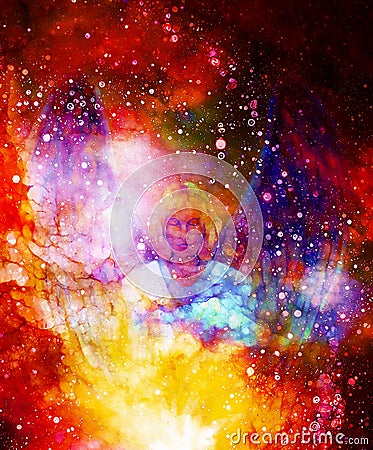 Spiritual Angel in cosmic space. Painting and glass effect. Stock Photo