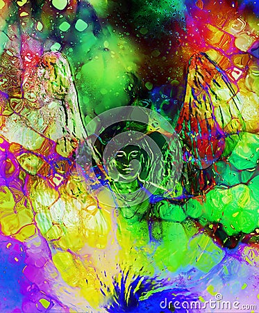 Spiritual Angel in cosmic space. Painting and graphic effect. Stock Photo