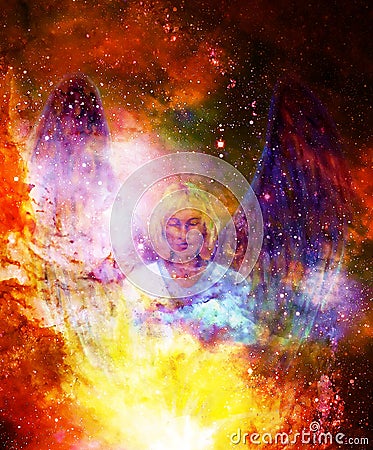 Spiritual Angel in cosmic space. Painting and graphic effect. Stock Photo