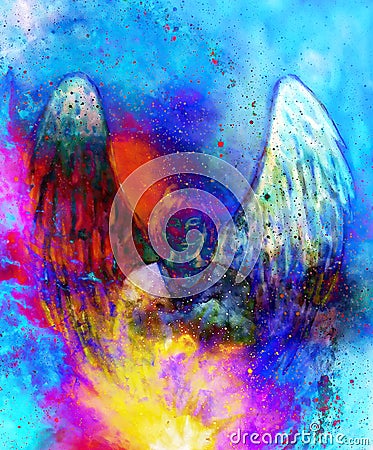 Spiritual Angel in cosmic space. Painting and graphic effect. Stock Photo