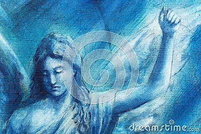 Spiritual Angel painting on canvas with blue abstract background. Stock Photo