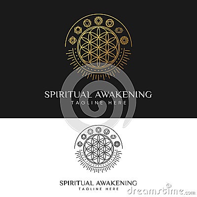 Spiritual Awakening with Flower of Life and 7 Chakra Symbols Logo Design Template Vector Illustration