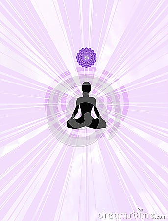 Spiritual background for meditation with guilloche mandala and human silhouette meditating with sacred symbol in color background Stock Photo