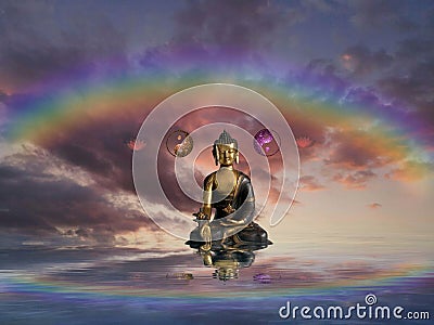 Spiritual background for meditation with buddha statue, rainbow, yin yang symbol isolated in clouds sky background Stock Photo