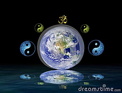 Spiritual background for meditation with planet earth and yin yang symbol isolated in color background Stock Photo