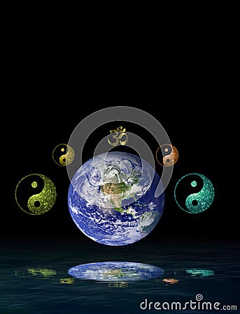 Spiritual background for meditation with planet earth and yin yang symbol isolated in color background Stock Photo