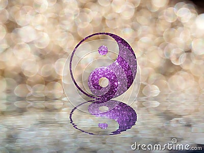 Spiritual background for meditation with yin yang symbol and rainbow in sea reflection Stock Photo