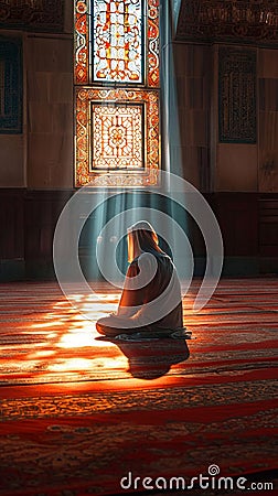Spiritual devotion Muslim man prays in mosque, bathed in sunlight rays Stock Photo