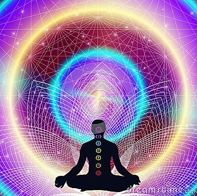 Esoteric background with man in yoga meditating position and seven chakras Stock Photo