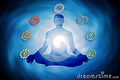 Blue whirl and seven chakras with a man in yoga meditation Stock Photo