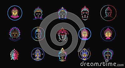 Spiritual face logo design, colorful deity silhouette. Budha and Shiva head icons set for yoga and relaxation, faith and Vector Illustration