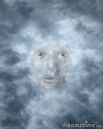 Spiritual faces peering through clouds Stock Photo