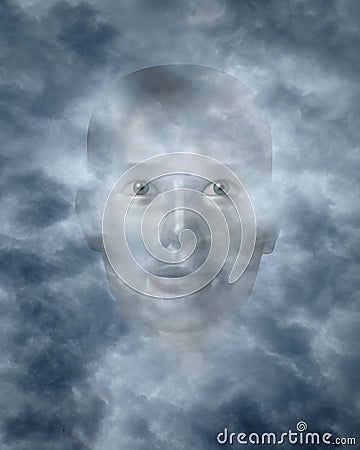 Spiritual faces peering through clouds Stock Photo