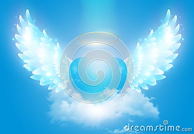 Spiritual guidance, divine energy, Angel of light and love doing a miracle on sky, blue angelic wings Stock Photo