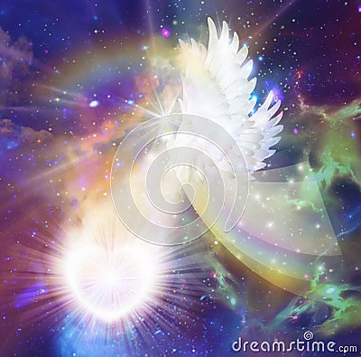 Spiritual guidance, energy heal, Angel of light and love doing a miracle on cosmic sky, rainbow angelic wings, divine intervention Stock Photo