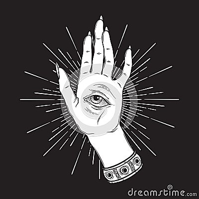 Spiritual hand with the allseeing eye on the palm. Occult design isolated vector illustration Vector Illustration