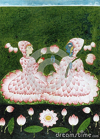Spiritual hermetic illustration of radha and krishna world of sacred lotus flowers Editorial Stock Photo