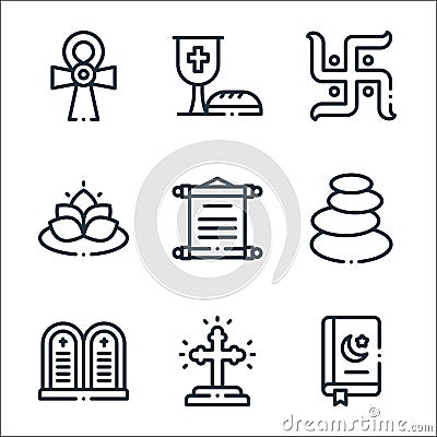 spiritual line icons. linear set. quality vector line set such as quran, cross, commandment, stones, scroll, lotus, wine Vector Illustration