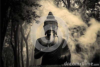 Spiritual meditating Buddha statue. Buddhist religion main spirituality figure. Zen and enlightenment idea. Made with Generative Stock Photo