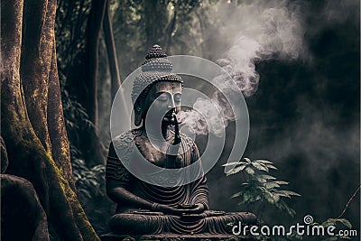 Spiritual meditating Buddha statue. Buddhist religion main spirituality figure. Zen and enlightenment idea. Made with Generative Stock Photo