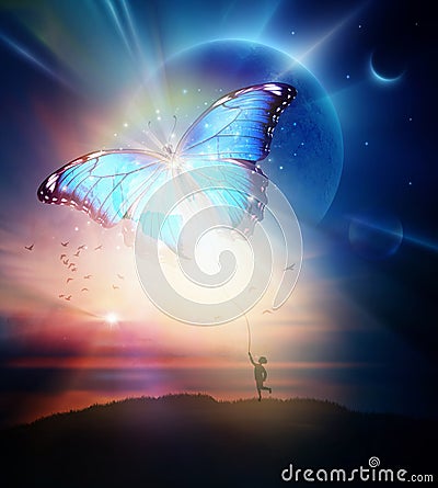 Spiritual release, inner child, dreams, hope, wishes, butterfly metamorphosis, transformation, awakening, destiny, new moon Stock Photo